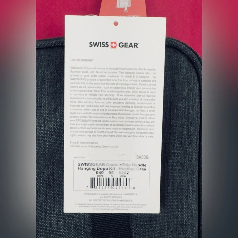 SWISS GEAR - The Vertical Fully Lined Hanging Toiletry Bag - Dark Gray. NWT
